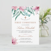 Bloemenroze elegante heilige eerste communie kaart (Staand voorkant)