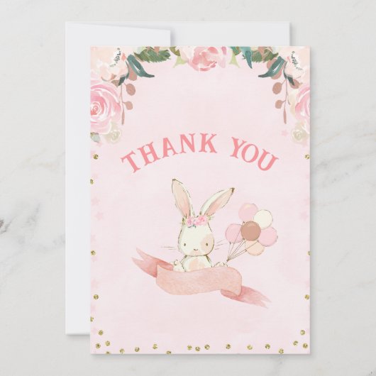 Bloemenroze en Roos gouden konijn bedankje Kaart (Achterkant)