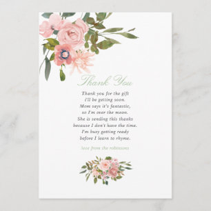 Bloemenroze en salie baby shower bedankje bedankkaart
