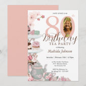 Bloemenroze foto Tea Party 80ste verjaardag Kaart (Voorkant / Achterkant)