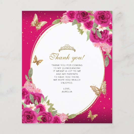 Bloemenroze goud tiara vlinder quinceañera foto (Voorkant)