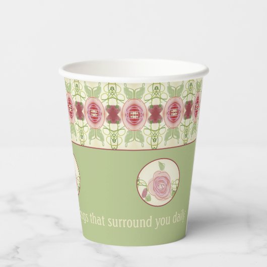 Bloemenroze groen en crème papieren bekers (Achterkant)