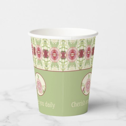 Bloemenroze groen en crème papieren bekers (Rechts)