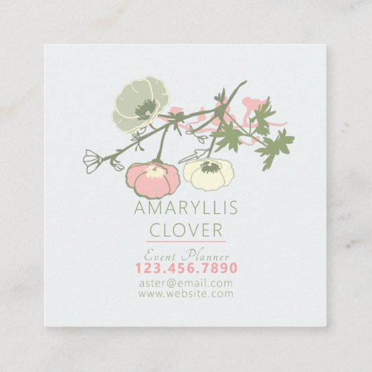 Bloemenroze groen grijs patroon vierkante visitekaartje (Achterkant)