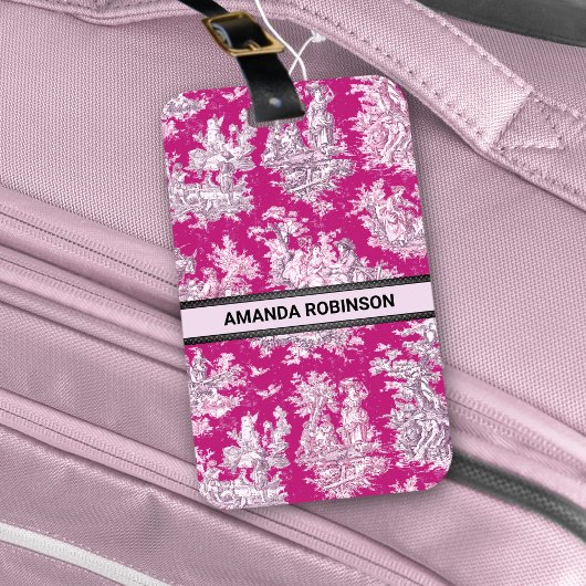 bloemenroze magenta toile de jouy monogram bagagelabel