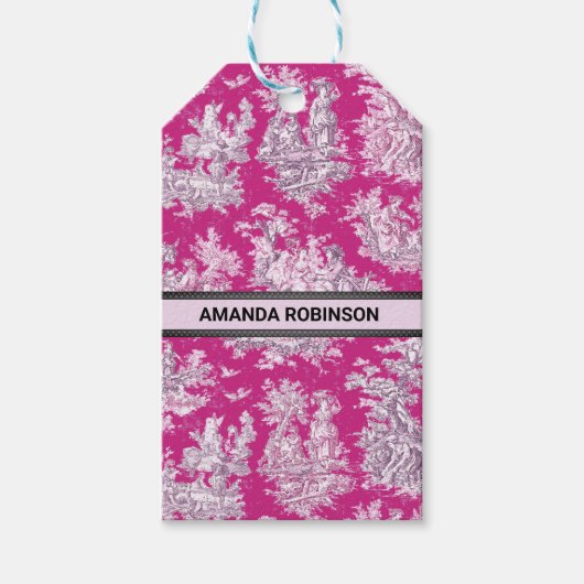  bloemenroze magenta toile de jouy monogram cadeaulabel (Voorkant)
