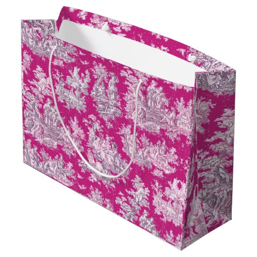 bloemenroze magenta toile de jouy monogram groot cadeauzakje (Achterkant Gekanteld)
