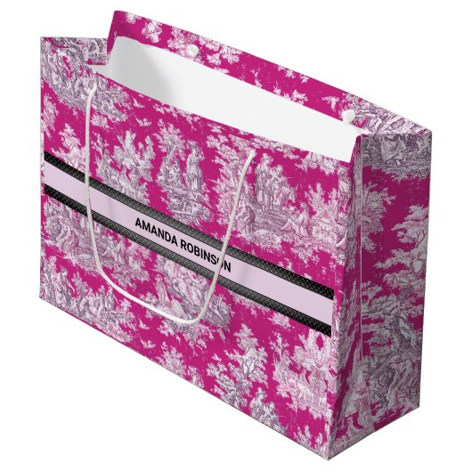  bloemenroze magenta toile de jouy monogram groot cadeauzakje (Voorkant Gekanteld)