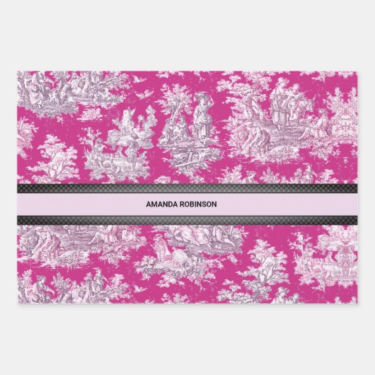  bloemenroze magenta toile de jouy monogram inpakpapier vel (Voorkant 3)