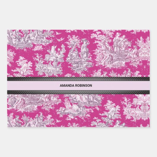 bloemenroze magenta toile de jouy monogram inpakpapier vel (Voorkant)