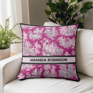  bloemenroze magenta toile de jouy monogram kussen