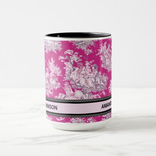  bloemenroze magenta toile de jouy monogram mok (Midden)