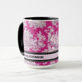 bloemenroze magenta toile de jouy monogram mok (Voorkant links)