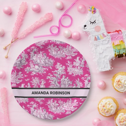  bloemenroze magenta toile de jouy monogram papieren bordje (Feest)