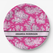  bloemenroze magenta toile de jouy monogram papieren bordje (Voorkant)