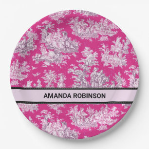  bloemenroze magenta toile de jouy monogram papieren bordje