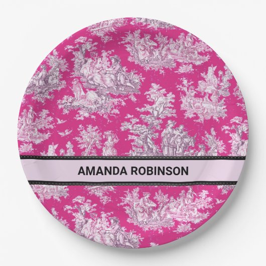  bloemenroze magenta toile de jouy monogram papieren bordje (Voorkant)