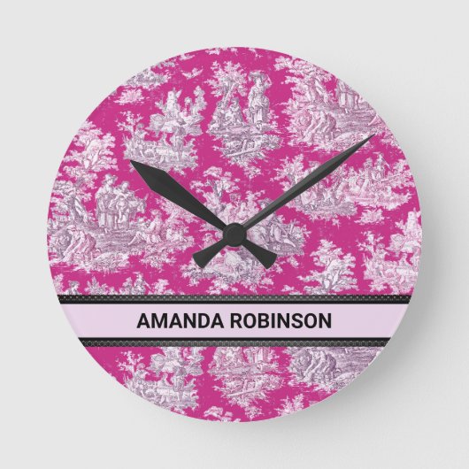  bloemenroze magenta toile de jouy monogram ronde klok (Voorkant)