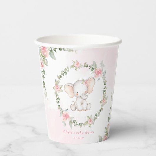 Bloemenroze olifant kleine pinda baby shower papieren bekers (Achterkant)