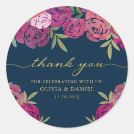 Bloemenroze & Paarse Rozen blauw Dank u Ronde Sticker