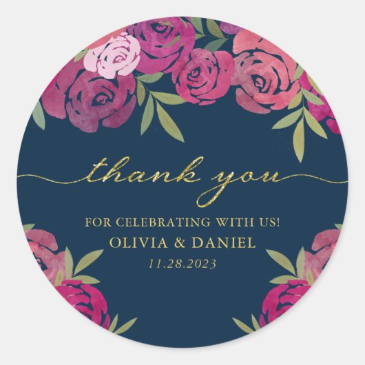 Bloemenroze & Paarse Rozen blauw Dank u Ronde Sticker (Voorkant)