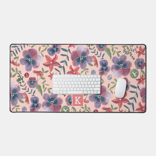 Bloemenroze patroon monogram bureaumat (Keyboard & Muis)
