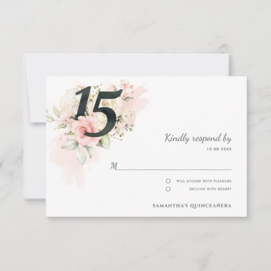 Bloemenroze Quinceanera 15e verjaardag RSVP Kaartje (Voorkant)
