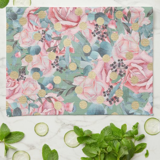 Bloemenroze roségoud polka dot groen blauw theedoek (Gevouwen)