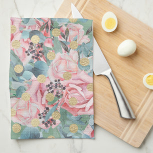 Bloemenroze roségoud polka dot  groen blauw theedoek