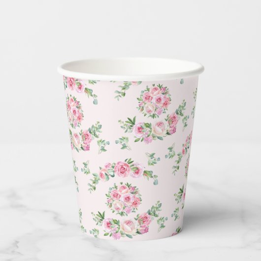 Bloemenroze rozen Elegant Tea Party Papieren Bekers (Achterkant)