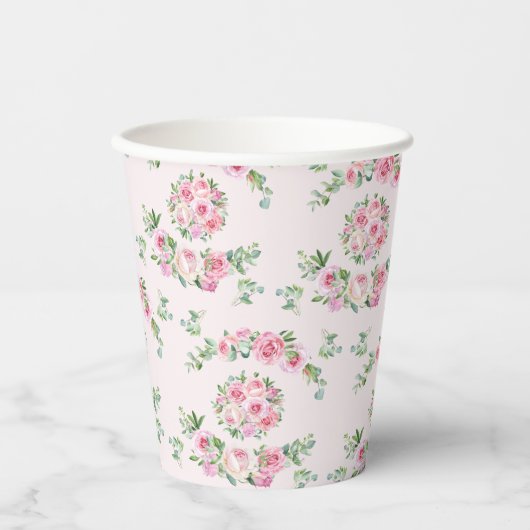 Bloemenroze rozen Elegant Tea Party Papieren Bekers (Voorkant)