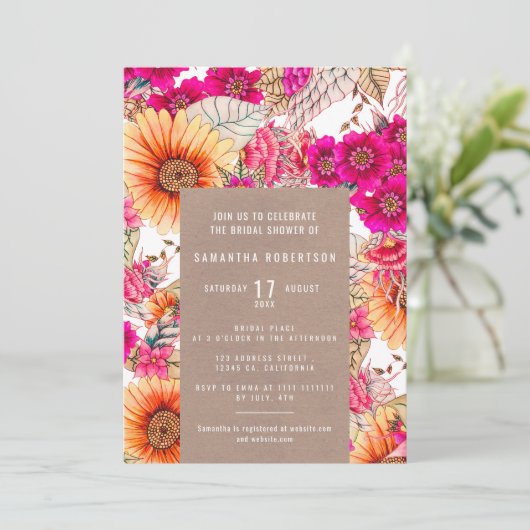  bloemenroze sinaasappel rustiek vrijgezellenfeest kaart (Staand voorkant)