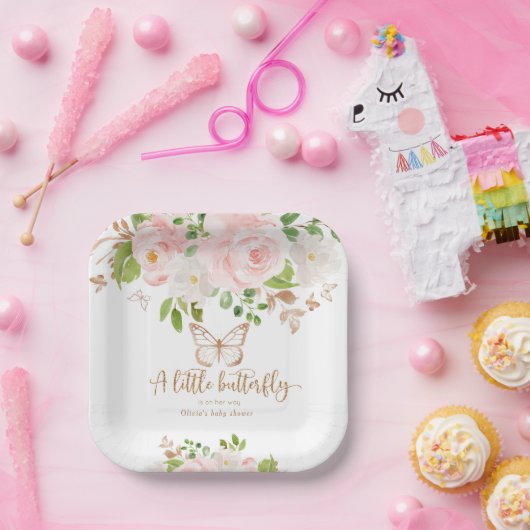 Bloemenroze vlinder baby shower papieren bordje (Feest)