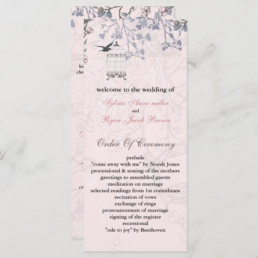 Bloemenroze vogelkooi, liefde vogels trouwprogramm programmakaart (Voorkant / Achterkant)