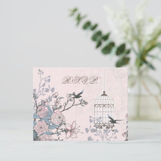 bloemenroze vogelkooi, liefdesvogels RSVP (Staand voorkant)