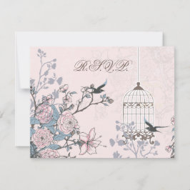 bloemenroze vogelkooi, liefdesvogels RSVP Kaartje