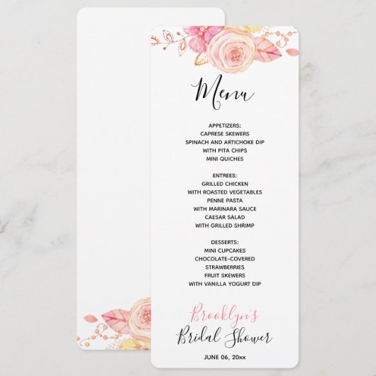 Bloemenroze Vrijgezellenfeest Menu Kaart (Voorkant / Achterkant)