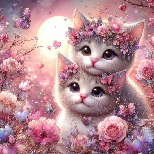 Bloemenroze Waterverf Liefde Kittens Valentijn Feestdagenkaart