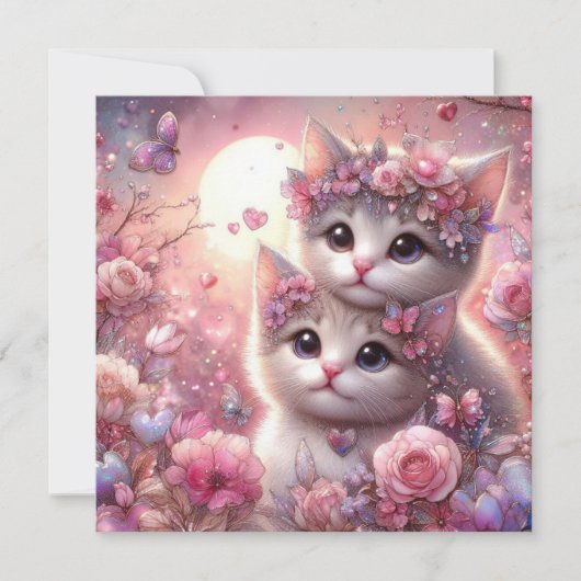 Bloemenroze Waterverf Liefde Kittens Valentijn Feestdagenkaart (Voorkant)