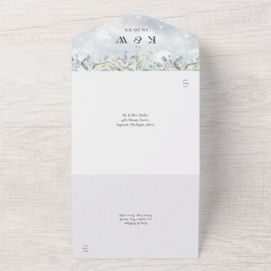 Bloemensalie en Lila Monogram Winterbruiloft All In One Uitnodiging (Buitenkant)