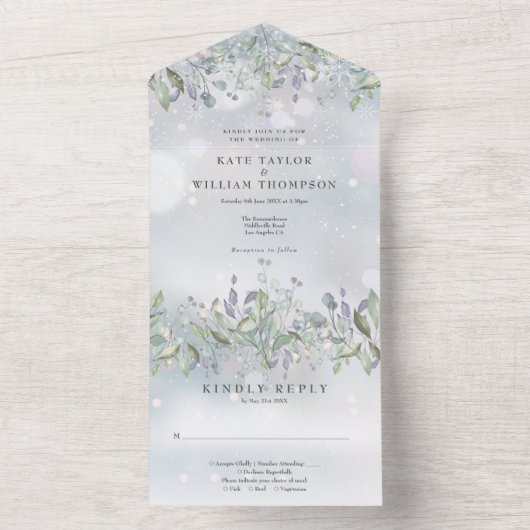 Bloemensalie en Lila Monogram Winterbruiloft All In One Uitnodiging (Binnen)