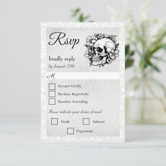 Bloemenschedel Gotische Halloween Bruiloft RSVP Ka Kaartje (Staand voorkant)