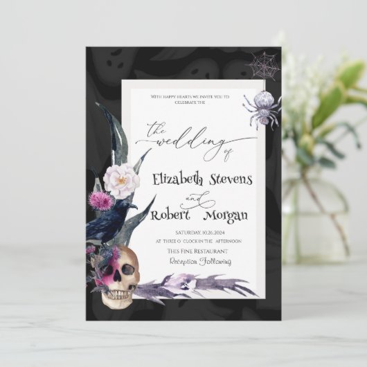 Bloemenschedel Halloween bruiloft Kaart (Staand voorkant)