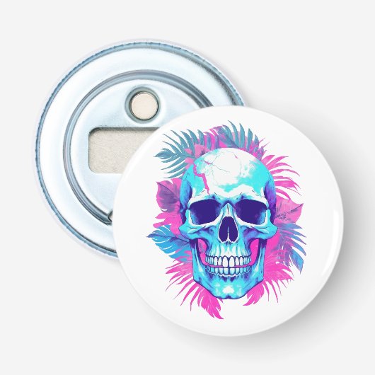 Bloemenschedel in Vaporwave-stijl Button Flesopener (Voorkant)