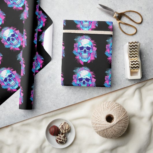 Bloemenschedel in Vaporwave-stijl Cadeaupapier (Crafts)