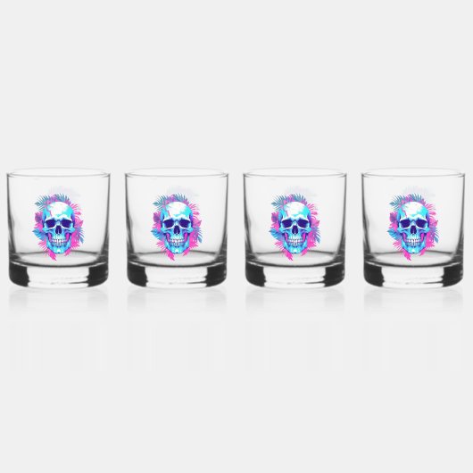 Bloemenschedel in Vaporwave-stijl Whisky Glas (Voorkant)