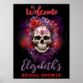 Bloemenschedel Rood/ Paars Halloween Welkomstbord Poster