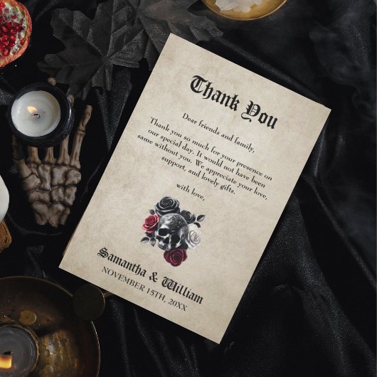 Bloemenschedel rustieke elegante Halloween bruilof Bedankkaart