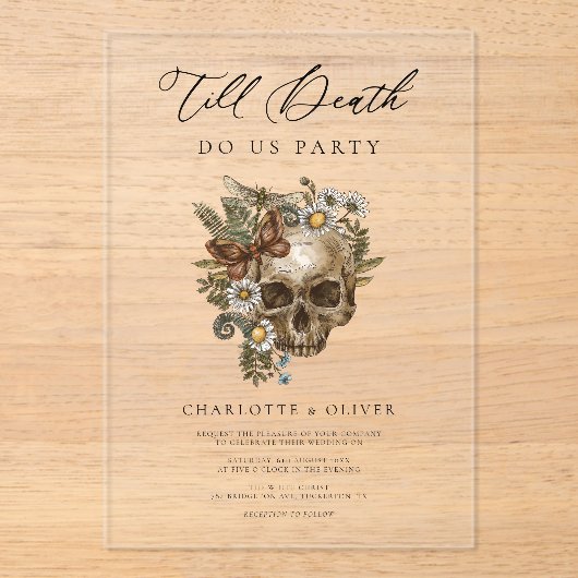  Bloemenschedel & Vlinder Gotische Bruiloft Acryl Uitnodigingen (Voorkant)