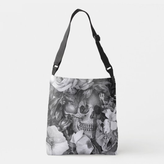  Bloemenschedel Zwart & Wit Crossbody Tas (Achterkant)